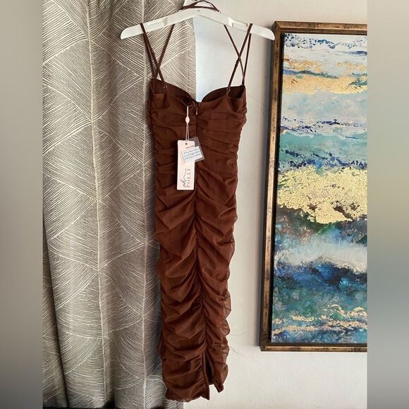 Oh Polly Batch A Brown Dress Size 0 Ruched Lined NEW - Picture 3 of 13